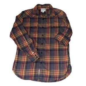 Lucky Brand red, orange and charcoal gray plaid snap closure shirt size M